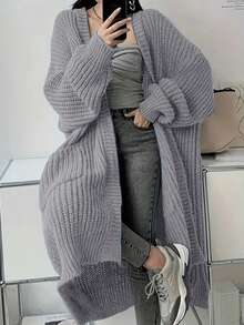 纯色前开宽松针织开衫，休闲长袖长款带口袋毛衣，女士服装 - 淺灰紫 - 查看 3