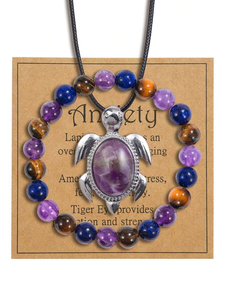 2 件天然石首饰套装，适用于紫水晶乌龟吊坠项链和 8 毫米圆珠水晶石手链首饰套装，适合男女 - 彩色 - 查看 1