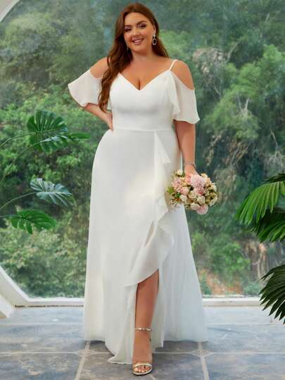 Plus Size Chiffon Split Hem Lightweight Wedding Dress, Formal Maxi Dress For Evening Gowns, Bridal Shower, Bachelorette, Engagement, Reception, Rehearsal
