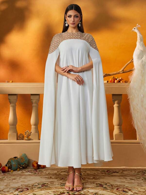 AmazingHoney Elegant White Long Sleeve Kaftan Dress With Heavy Beaded Embellishments, Luxurious Long Abaya For Women, Modest Dress, Arabic Dresses For Women