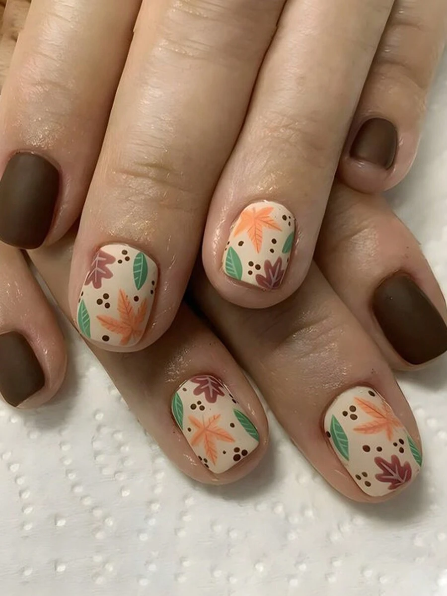 Y2K Cập nhật diện mạo của bạn 24 chiếc móng tay giả vuông ngắn màu nâu thời trang họa tiết chấm tròn hình lá làm đẹp phong cách đơn giản móng tay giả làm móng tay giả cho phụ nữ bộ nghệ thuật làm móng tay ngọt ngào, dễ thương, tối giản và thanh lịch với miếng dán móng tay giả có thể tháo rời phù hợp để đeo trong ngày lễ, tiệc tùng, bạn bè, hẹn hò, đeo hàng ngày - màu nâu - Xem 1