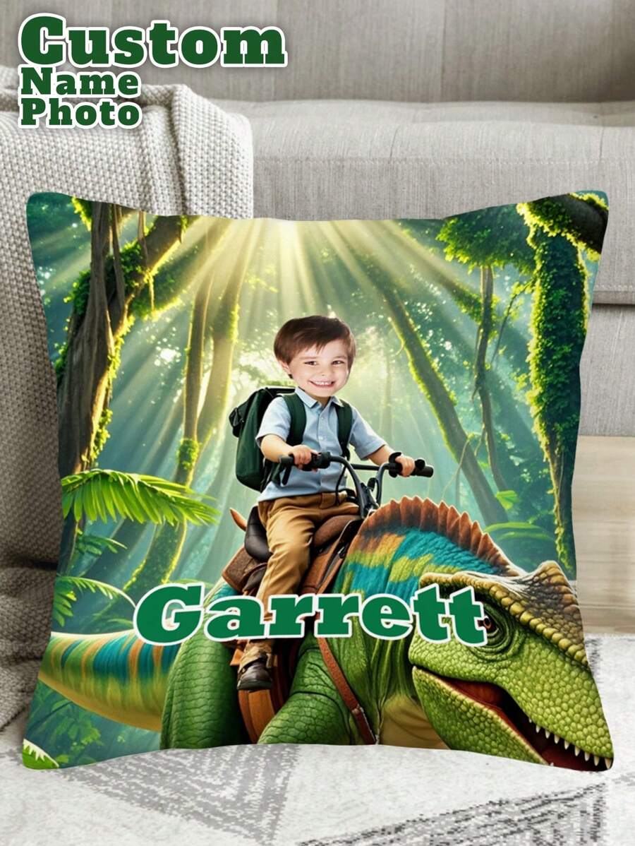 1pc Customized Personalized Photo Printed Pillow Case,Custom Face Pillow,Custom Name Pillow,Single Sided Print Pillow,Princess Castle/Dinosaur Background Pillow,Cover For Children's Day, Birthday Gifts,Create Your Own Picture Pillow Case, Great Gift For Family, Friends And Yourself