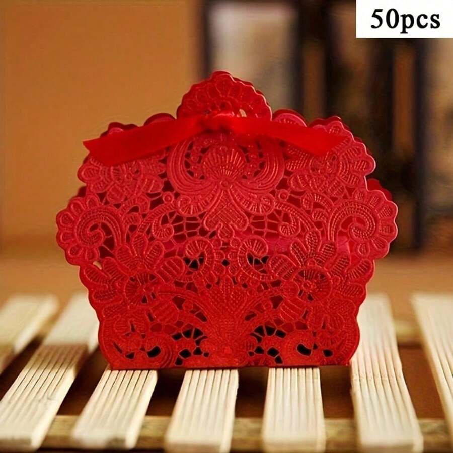50 PCS Laser Cut With Ribbon Wedding Party Favor Box, Wedding Gift Box