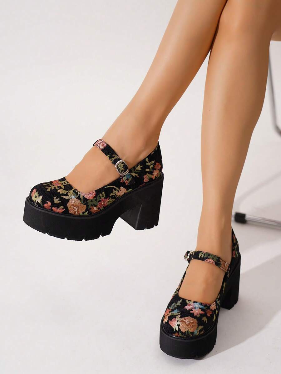 女士舒适防滑休闲厚底乐福鞋，四季皆宜，玛丽珍鞋 - 黑色 - 查看 1