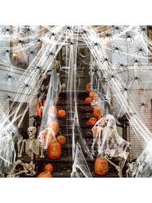 Halloween Decoración Telaraña, Tela de araña de 1200 pies cuadrados para de Halloween y 100pcs Arañas PláSticas Para Adornar Halloween Telarañas para Yard Home Casa Encantada Interior y Exterior - 250 Gramos + 100 Pcs - Ver 1