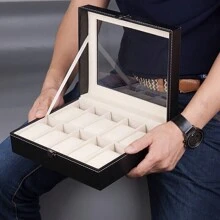 Watch Display Grid Box Lockable Case Faux Leather Jewellry Storage Organiser Back To School Dormitory Storage - Black - View 7