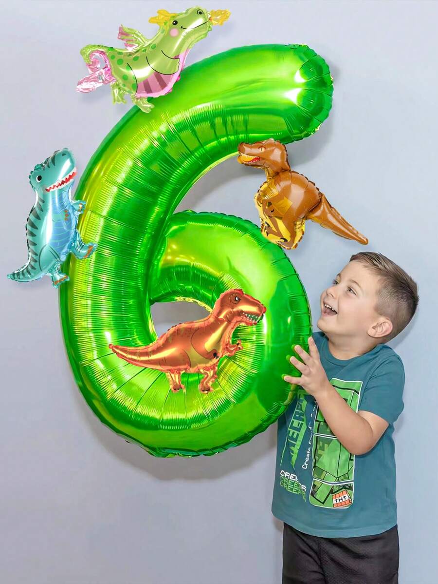 5 Stück Tropischer Dschungel Party Dekorationsset, inklusive 32 Zoll Zahlenballon (0-9), cartoon Dinosaurier geformter PE Dekorationsballon, geeignet für Geburtstags-, Einschulungs- und Valentinstags-Partys