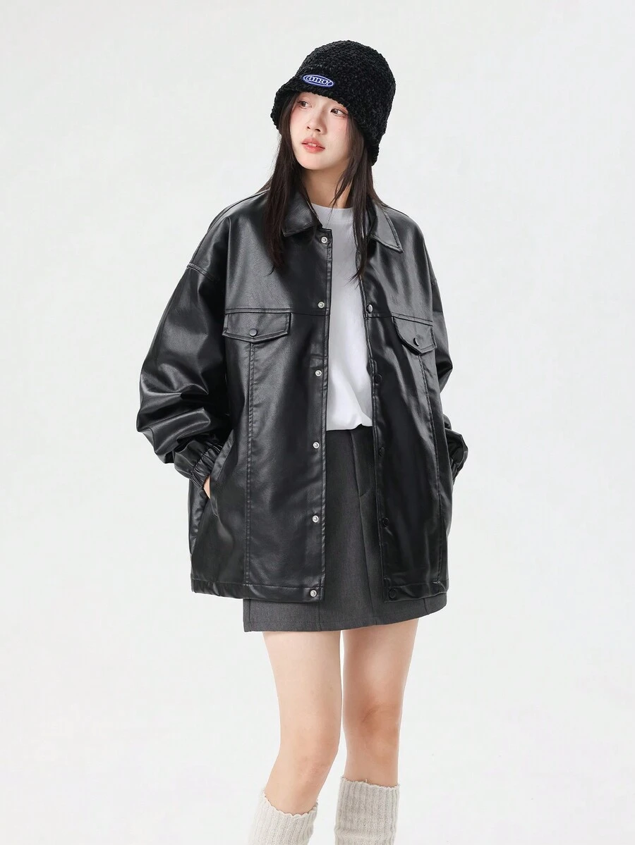 Women's Long Sleeve Lapel Casual Fashion Elastic Cuff Loose Workwear Rivet Pocket Zip-Up Jacket