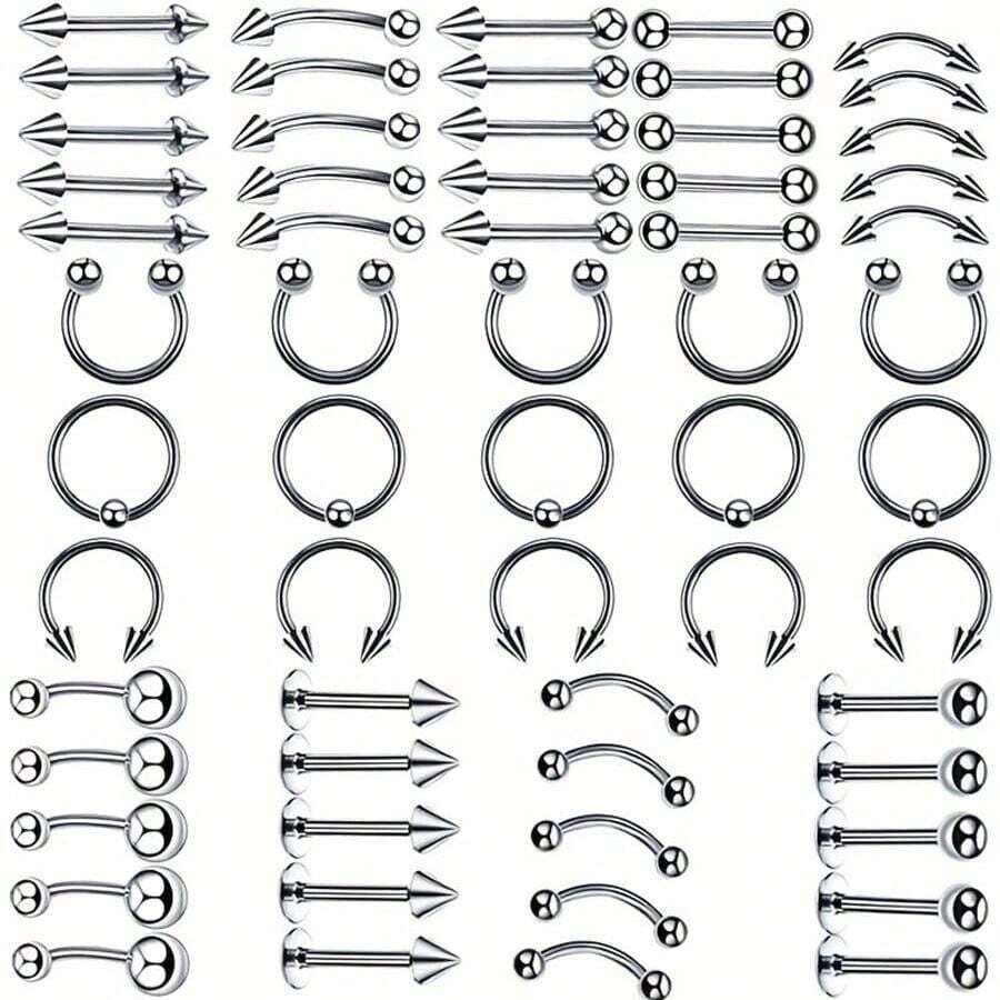 60pcs Unisex Stainless Steel Versatile Body Piercing Jewelry Set