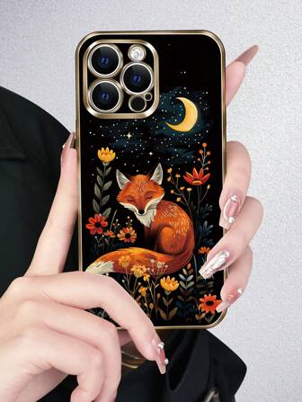1 buc. Husă pentru telefon cu model 2D de vulpe adormită, simplă și elegantă, creativă, în stilul vulpei de noapte, potrivită ca cadou pentru prieteni, familie, dvs., cupluri. Protecție cu acoperire completă anti-alunecare galvanizată neagră, carcasă moale rezistentă la praf și la apă Compatibilă cu Apple și Samsung
