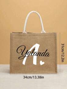 Bolso de mano de lino personalizado con flor, letra y corazón, bolsa de regalo personalizada, bolso tote de gran capacidad y diseño único, ligero - Caqui - Ver 2
