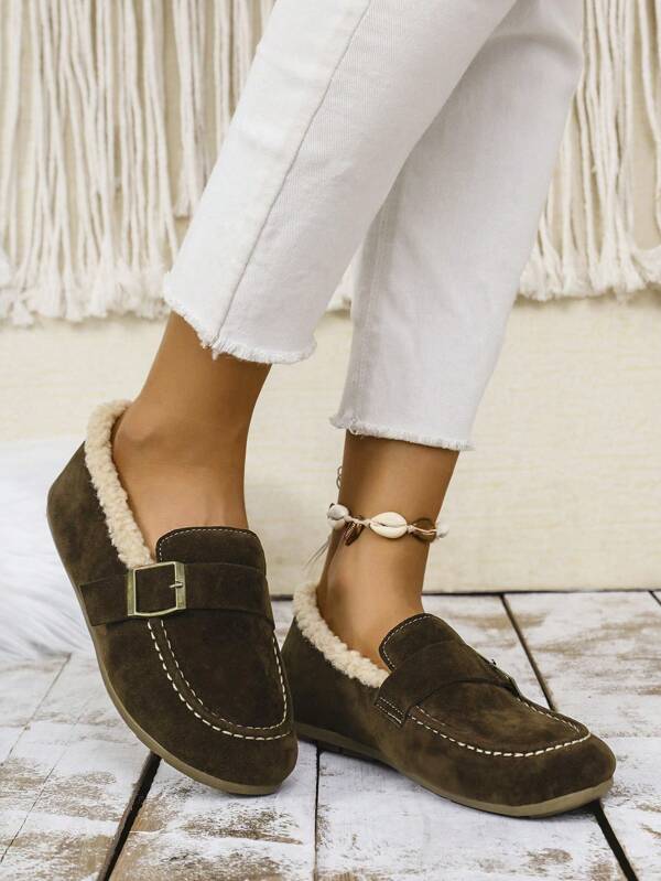 Women's Round Toe Buckle Strap Casual Flat Loafers, New Thermal Lined Warm Slip-On Shoes For Autumn/Winter