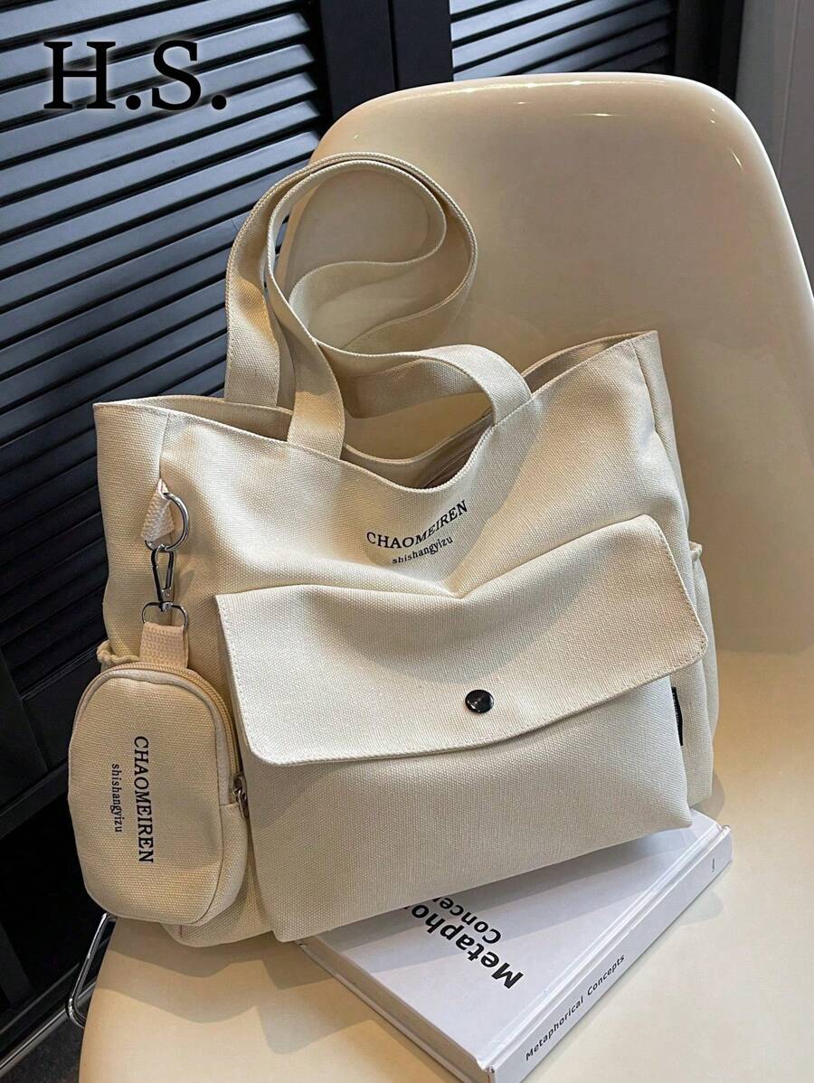 Conjunto de 2 piezas: Bolso de hombro de lona de moda con monedero, gran capacidad, múltiples bolsillos, estilo casual para uso diario, bolso de mano con diseño de letras, adecuado para estudiantes universitarios y estilo callejero