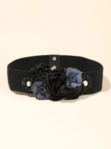 1pc Women Elastic Waist Belt With Faux Lace & Faux Pearl Flower Decor, Vacation Inspired Summer, School Fall, Autumn, Halloween