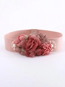 1pc Women Elastic Waist Belt With Faux Lace & Faux Pearl Flower Decor, Vacation Inspired Summer, School Fall, Autumn, Halloween