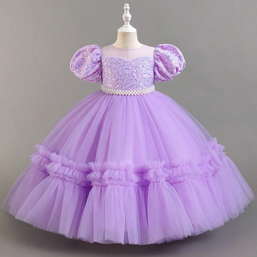 Vestido de princesa de fiesta para niñas, con cuentas y lentejuelas, esponjoso, para cumpleaños, boda y baile