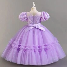 Vestido de princesa de fiesta para niñas, con cuentas y lentejuelas, esponjoso, para cumpleaños, boda y baile - Morado - Ver 4
