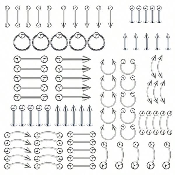 85pcs Stainless Steel Versatile Rings - Nose, Ear, Eyebrow, Tongue, Lip, Navel Piercings, Unisex Body Jewelry Kit, Gifts For Men & Women