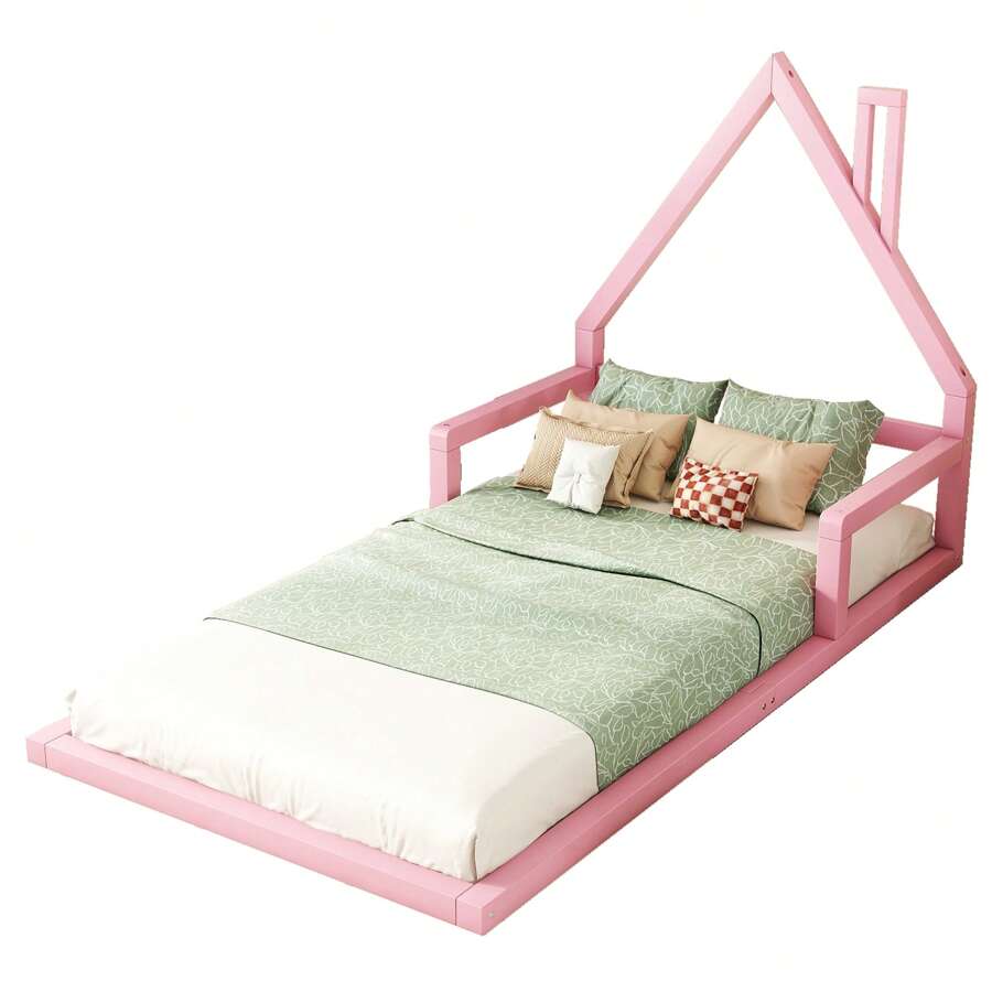 90*200cm Kinderbett, Flachbett, Hausform, Kiefer massiv, einfache Form,Rosa