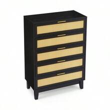 Bedroom 5 Drawer Dresser, Rattan Dresser Modern Wooden Chest Of Drawers With Spacious Storage Space For Bedroom Hallway Living Room - màu đen - Xem 11