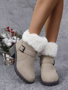 时尚户外防滑保暖雪地靴，女士厚底短款金属扣防滑厚底中跟保暖舒适新款靴子 - 卡其色 - 查看 4