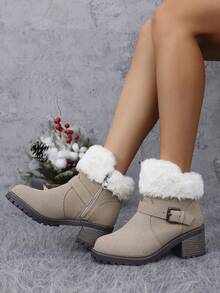 时尚户外防滑保暖雪地靴，女士厚底短款金属扣防滑厚底中跟保暖舒适新款靴子 - 卡其色 - 查看 3