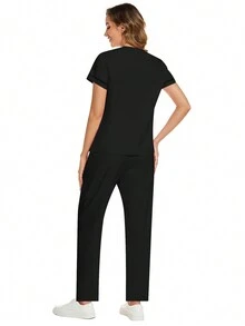 cimmuovere 2pcs Women Solid Color Pocket V-Neck Short Sleeve Top & Pants Scrub Uniform Suit