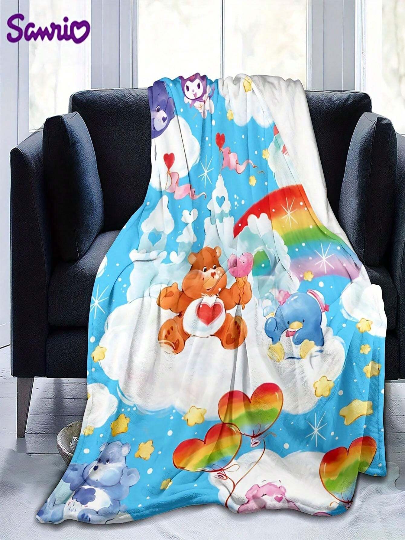 1pc DoubleSided Cartoon Bear & Duck Rainbow Heart Plush Fleece Blanket