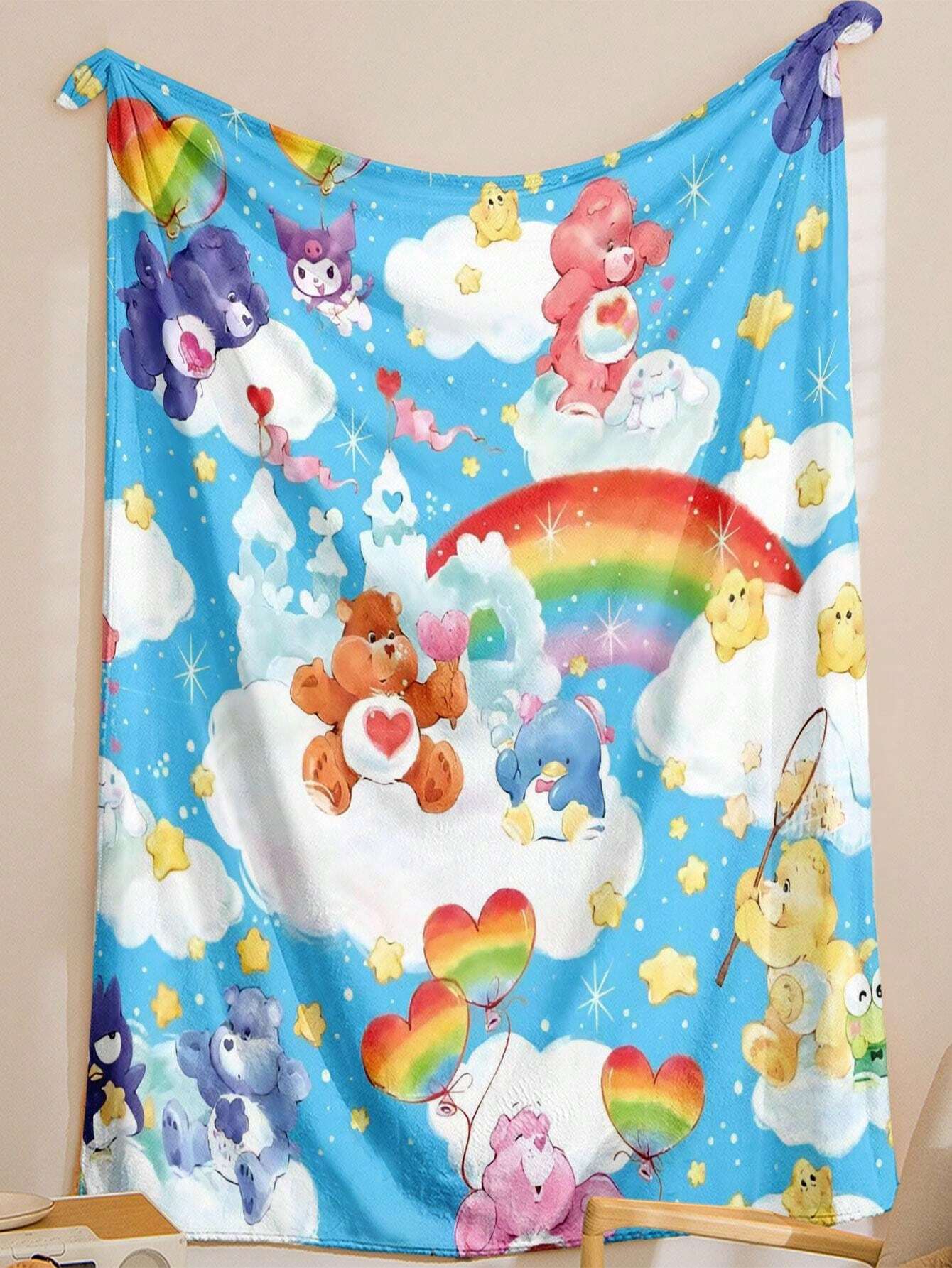 1pc DoubleSided Cartoon Bear & Duck Rainbow Heart Plush Fleece Blanket
