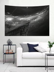 黑白风景挂毯月亮山脉和树木挂毯壁挂嬉皮士塔皮兹迷幻艺术背景家居墙壁装饰 - 彩色 - 查看 2