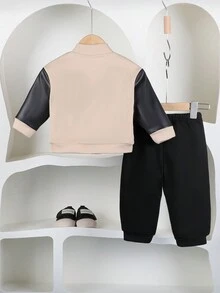 Bộ 2 áo khoác in chữ tay chắp vá phong cách Mỹ cho trẻ mới biết đi và quần thường ngày, dành cho mùa thu/đông - Màu be - Xem 3