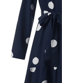 Women Modest Dress Elegant Casual Loose Abaya Long Sleeved Polka Dots Printed O-Neck Maxi Robe