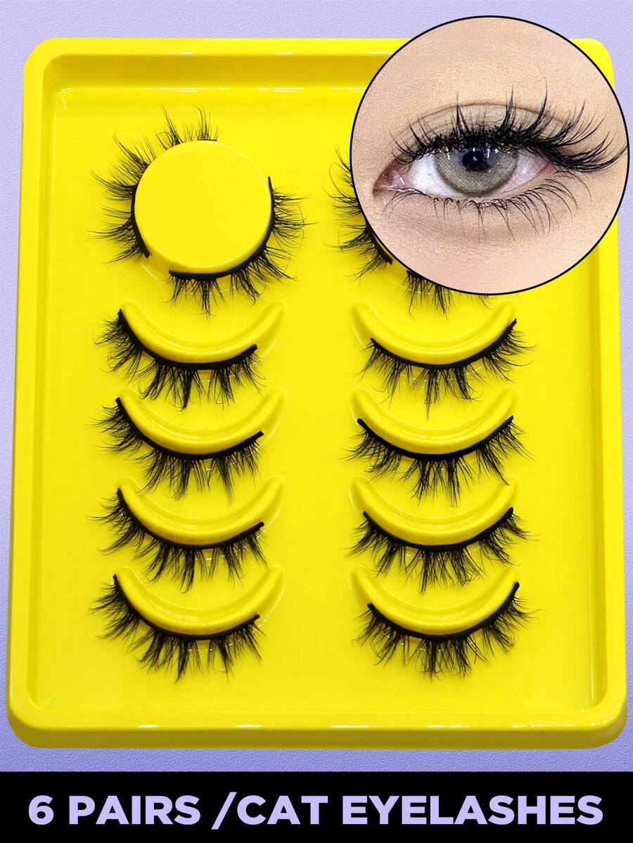 GROINNEYA 6 Pairs Fox Eye False Eyelashes, Faux Mink Lashes, Natural Look Short Lashes For Makeup (P01) - 黑色 - 查看 1