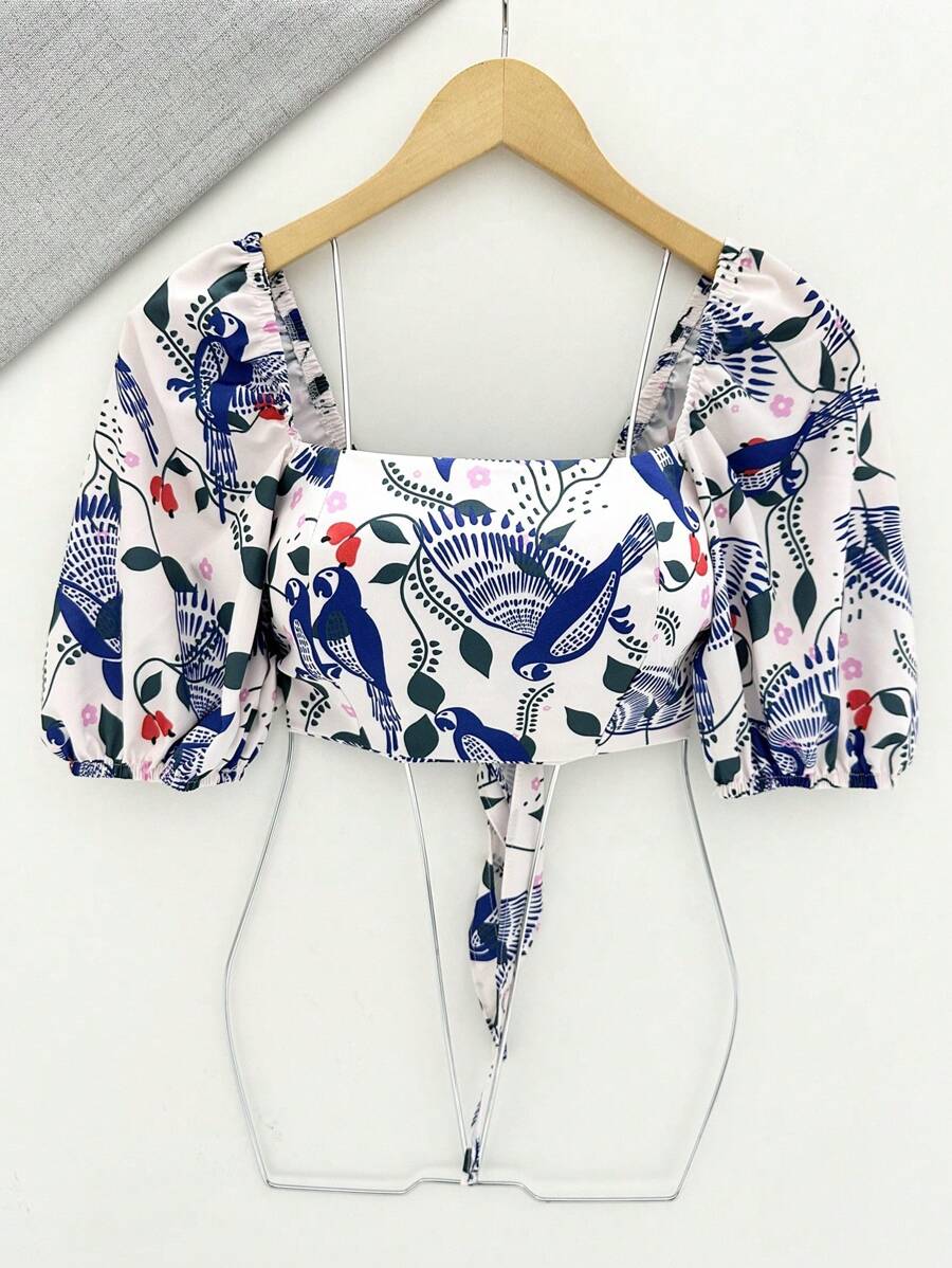 Women's Simple Casual Short Sleeve Crop Top With Multicolor Print - Xanh và trắng - Xem 1