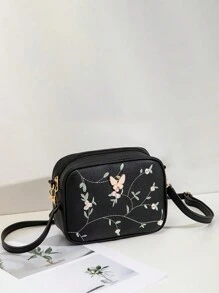 Square Crossbody Bag, Classic Metal Decor Zipper Wallet, Faux Leather Shoulder Bag - Black - View 2