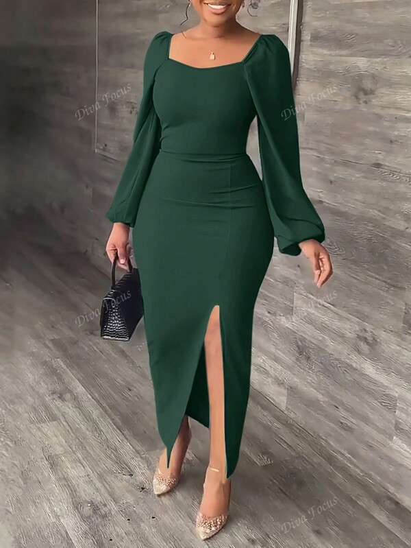Fashionable High Slit Lantern Sleeve Long Dress For Women