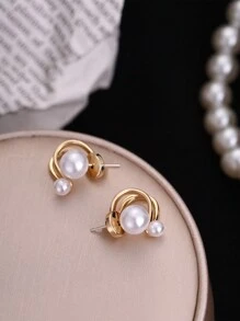 Tkool 2 件套复古珍珠耳环，法式风格百搭珍珠首饰配饰，适合女士（无礼盒）