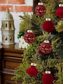 圣诞球红色植绒彩绘球圣诞树装饰饰品橱窗圣诞装饰节日婚礼派对礼物新年用品,圣诞节,植绒彩绘圣诞装饰球,DIY 圣诞树挂饰,家庭派对用品,天鹅绒圣诞球套装闪光圣诞树装饰装饰植绒圣诞球装饰天鹅绒圣诞树挂饰适用于室内室外节日派对装饰 (红色) - 紅色 - 查看 5