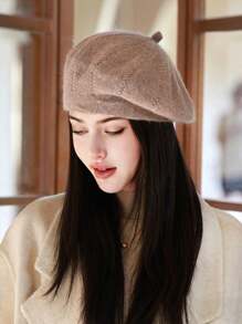 1pc Women's Knitted Beret Hat, Thick Ear Protection, Windproof, Warm, Casual, Elegant Vintage Street Style, Versatile, Fits Large Head Circumference, Suitable For Outdoor, Shopping, Skiing, Cycling, Travel, Party, Daily Use, Autumn/Winter