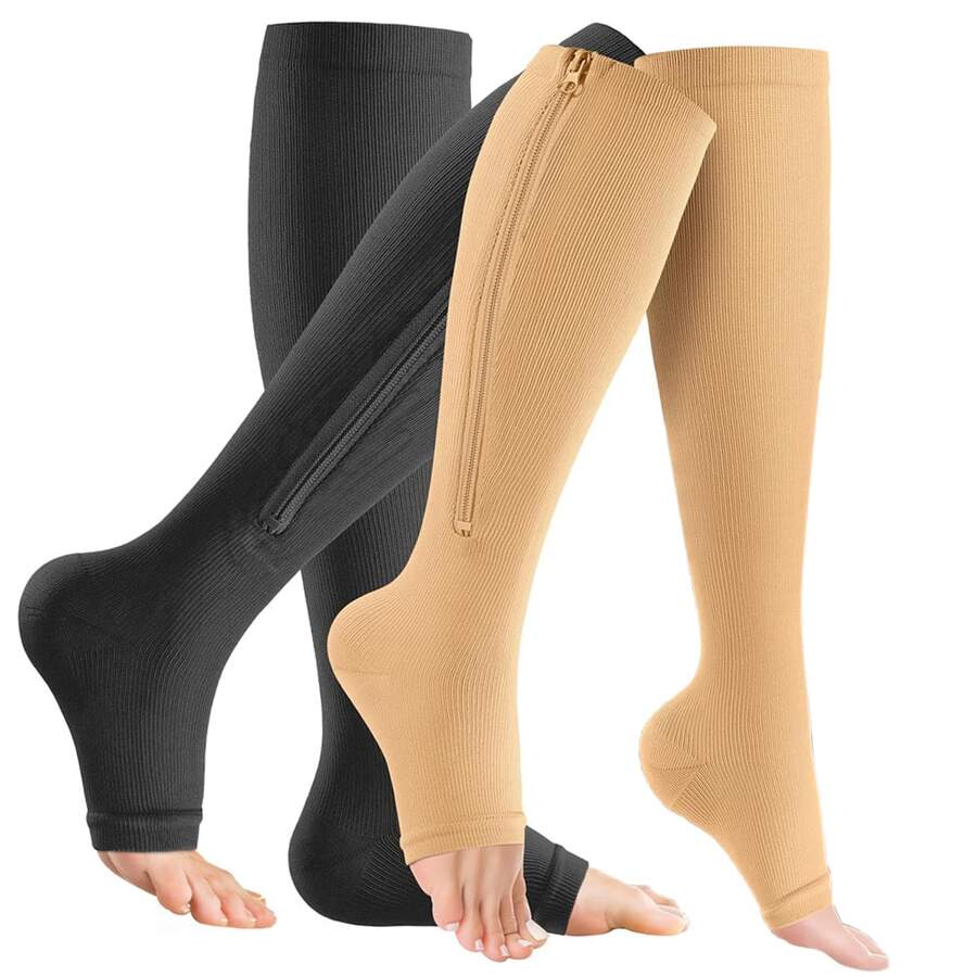 1 双拉链压缩袜 女士和男士 15-20mmHg 露趾压缩袜 适合散步、跑步 轻质压缩袜 - 彩色 - 查看 1