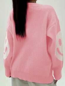 Women Pink Casual Smiling Face Pattern Jacquard Knitted Sweater - Pink - View 5