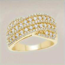 Nhẫn đính hôn và cưới thanh lịch mạ vàng 14K dành cho nữ, 5 hàng Cubic Zirconia lấp lánh, trang sức gấp đôi sang trọng - nhẫn - Xem 6