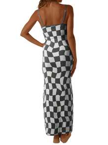 Womens Summer Long Cocktail Dress Sleeveless Checkerboard Print Spaghetti Strap Dress - Grey - View 4