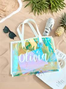 1 pieza Bolsa de tela personalizada con nombre, bolsa de playa transparente neón personalizada con nombre, bolsa de hombro versátil casual impermeable de gran capacidad de PVC holográfico de colores de moda, bolsa de dama de honor personalizada, regalo de aniversario, regalo de San Valentín, regalo de cumpleaños, regalo de boda, regalo del Día de la Madre, regalo del Día del Padre, regalo para la mejor amiga, regalo para mamá/papá, regalo para novio, regalo para novia, útiles escolares, de vuelta a la escuela, para la oficina, para la escuela, para el aula, para regalos de maestros, para la universidad, para colegas, para dormitorios, para maestros, para niños y niñas, para adolescentes, estudiantes de secundaria, estudiantes de preparatoria, estudiantes universitarios, estudiantes de primer año, estudiantes de segundo año, estudiantes de cursos inferiores, bolsos de hombro personalizados para mujeres, cómodo y fácil de usar - Multicolor - Ver 2