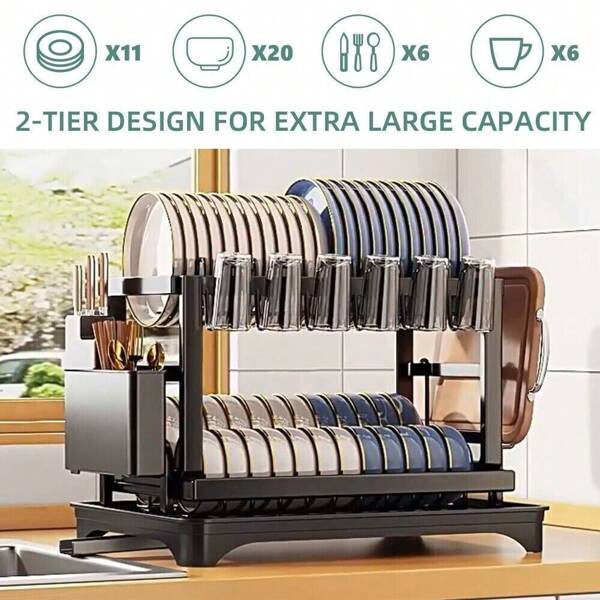 2024 Upgraded Thickened, Double-Layer Drain Rack, Multi-Function Dish Rack, Kitchen Rack, Drain Sink, Bowls, Chopsticks, Cups & Plates & Knives Storage Rack Holder, Carbon Steel, Large Capacity