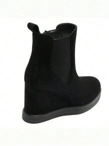Women's Solid Color Elastic Band Wedge Heel Ankle Boots - Black - View 6