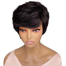 Pixie Cut Bob Wig Layered Short Wavy With Bangs Beginner Friendly Short Pixie Wig Human Hair Brown Color Remy Hair Full Machine Made Wig - S4 - View 5