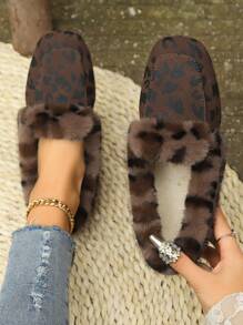 Dames Platte Luipaard Print Puntige Teen Slip-On Schoenen, Warme Voering Binnen/Buiten Casual Antislip Fuzzy Schoenen Voor De Winter
