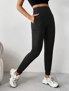 بنطلون رياضي كاجوال مرتفع الخصر مع جيوب للنساء، بنطلون مرتفع الخصر للتنزه والجري، بنطلون رياضي للسيدات - الأسود - مشاهدة 5