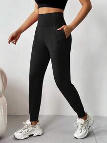 بنطلون رياضي كاجوال مرتفع الخصر مع جيوب للنساء، بنطلون مرتفع الخصر للتنزه والجري، بنطلون رياضي للسيدات - الأسود - مشاهدة 1